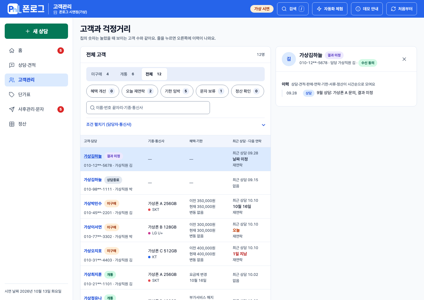 가상 고객 상세의 상담·견적·판매·연락 이력과 이전 조건을 확인하는 제품 데모.