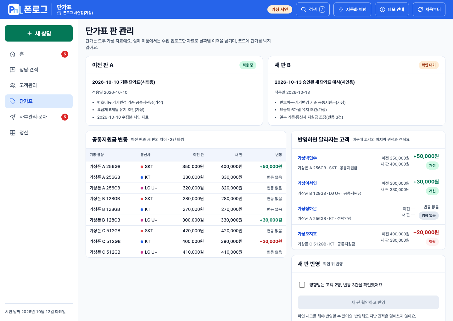 가상 단가표의 이전 판과 새 판, 고객 혜택에 미치는 영향을 확인하는 제품 데모.